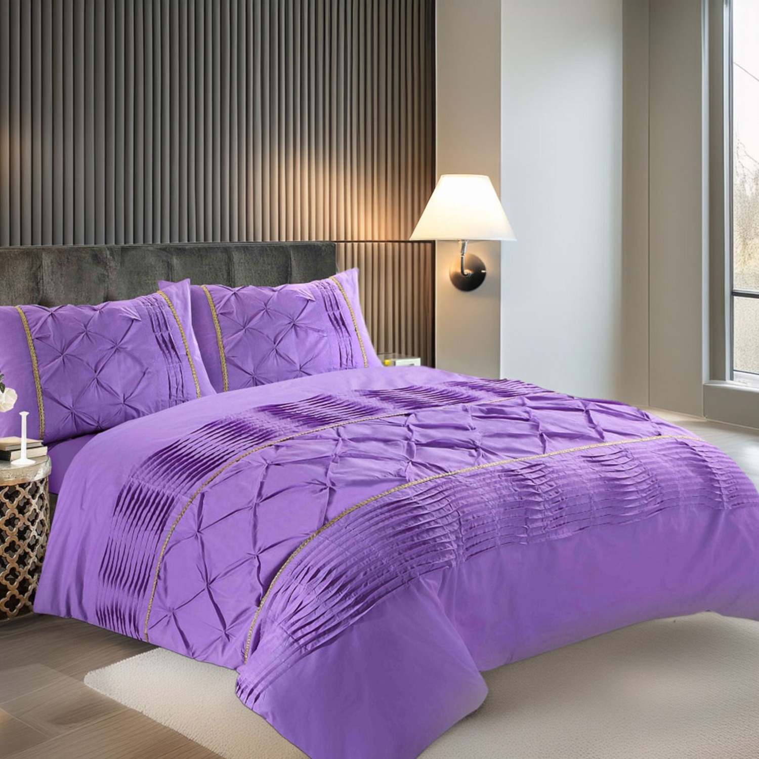 Duvet Cover And Pillowcase Set Silver Black Red Lilac White Pintuck Pleated Design Polycotton Linen - Lilac / Superking