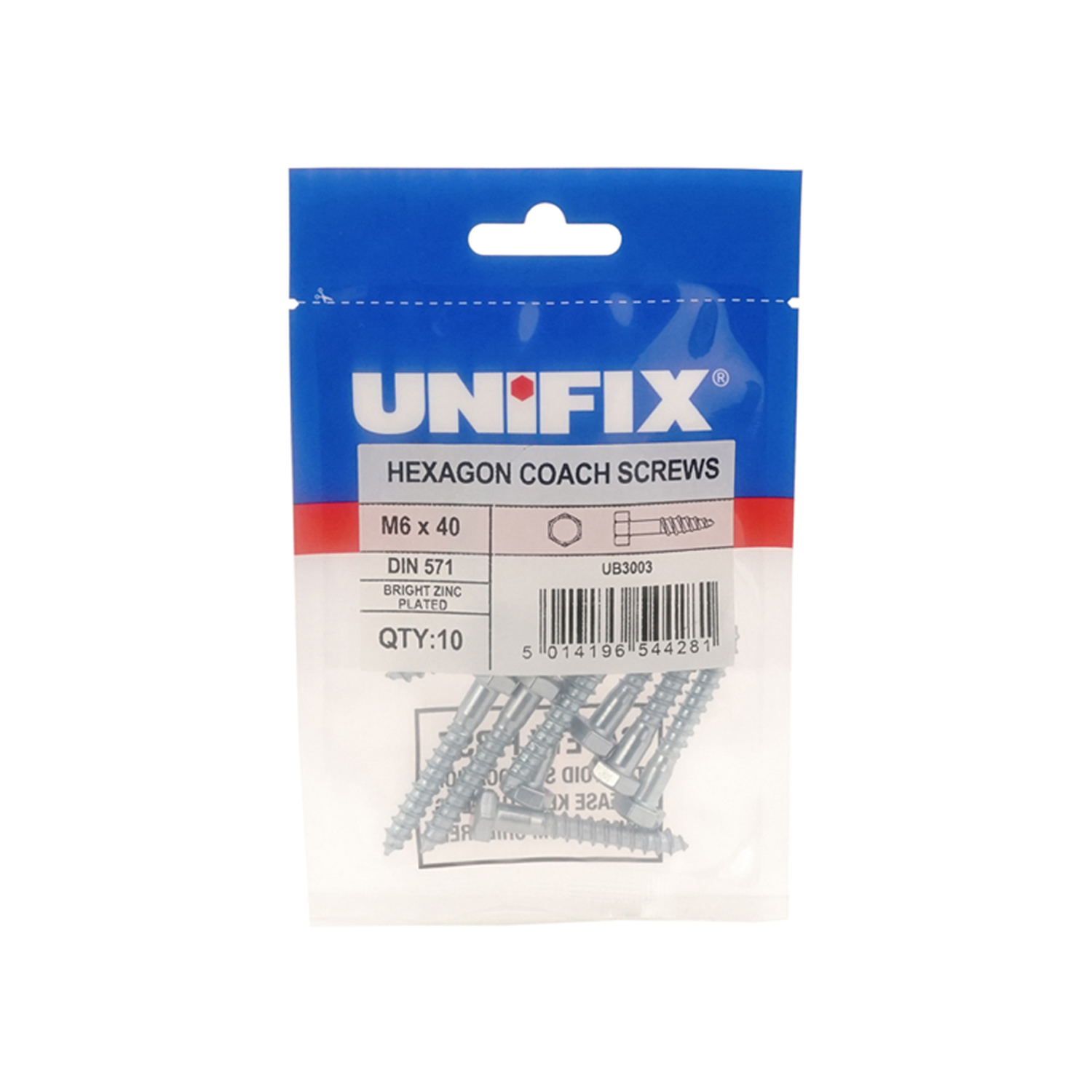 Unifix Coach Screws Hexagon Head Din 571 Bright Zinc Plated - M10 X 130 (Box Of 25) - White