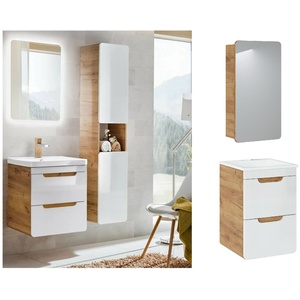 Impact Furniture 40cm Wall Vanity Unit, Ceramic Sink and Mirror Cabinet, White Gloss and Oak Effect