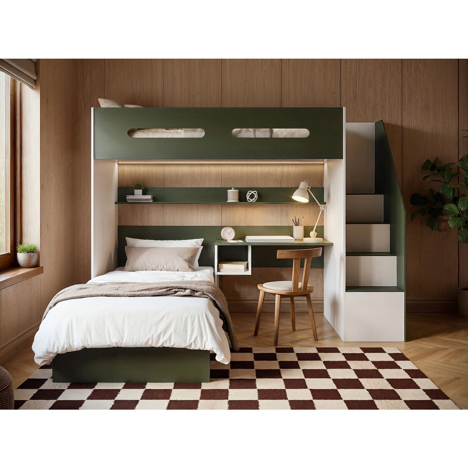 Flair Alpha Staircase L Shaped Bunk Bed With Desk - Green