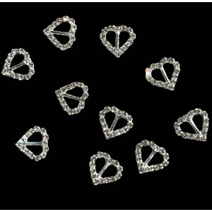 Pack of 10 Mini Heart Crystal Ribbon Slider Buckles