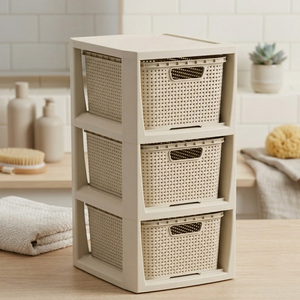 Stylish 3-Drawer Cream Rattan Storage Tower for Home & Office