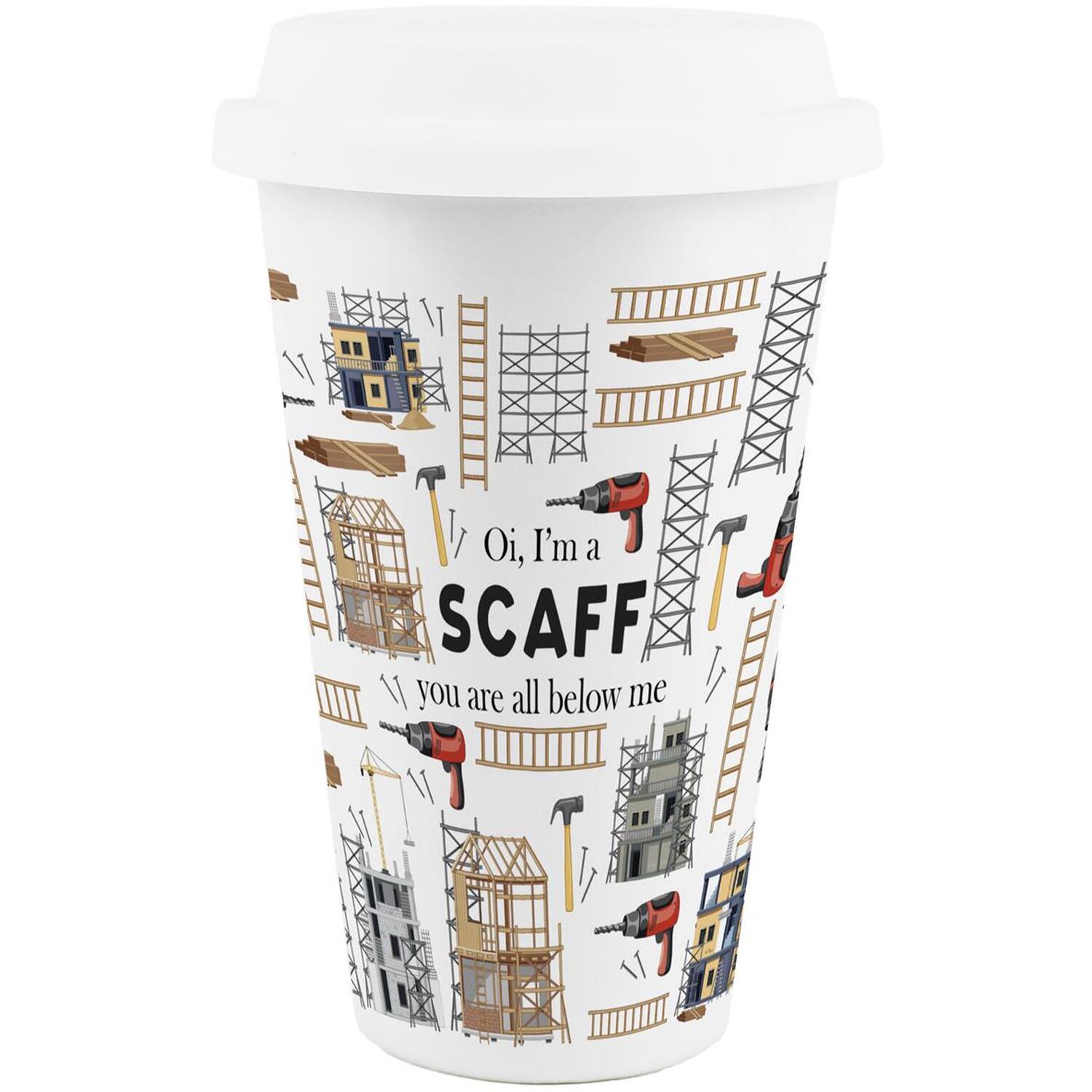 Purely Home Novelty Scaffolder Ceramic Travel Mug - Reusable Drinks Cup Gift - White