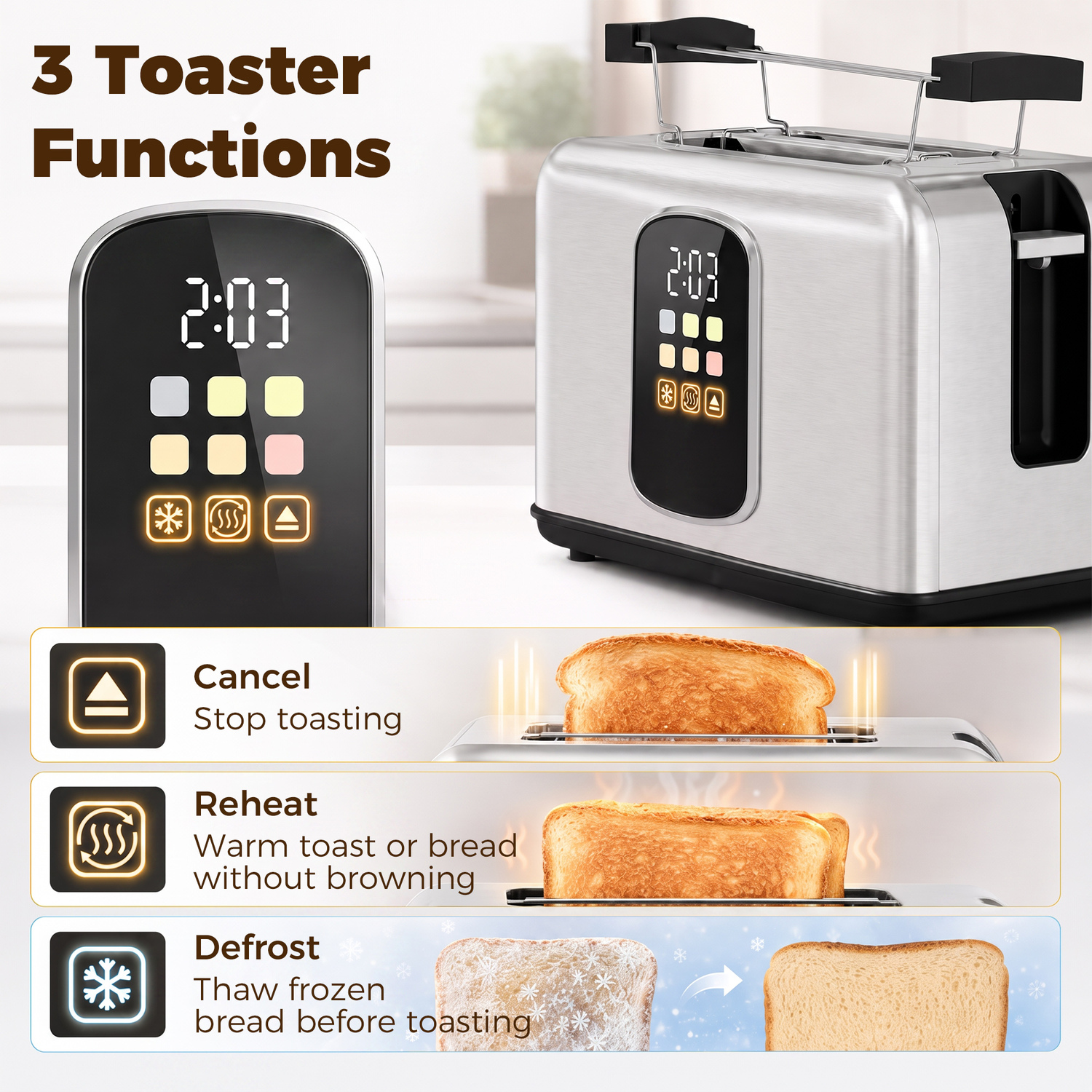 Homcom Unisex Silver 2 Slice Toaster With Touch Screen, Led Countdown, 6 Browning Levels In - Image 4