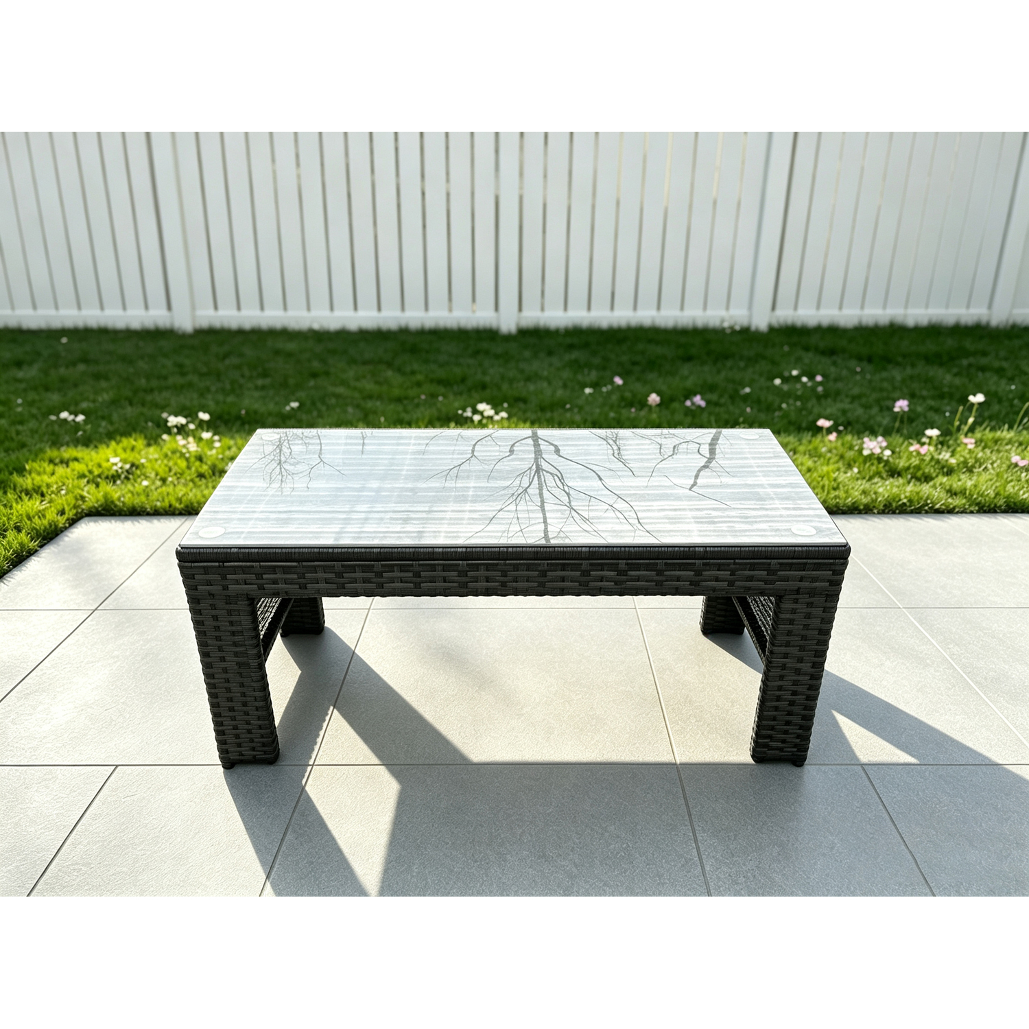 Fimous Unisex Dark Grey Rattan Oblong Rectangular Coffee Tea Table Outdoor Garden Furniture Patio Accessory In 105L - Image 3