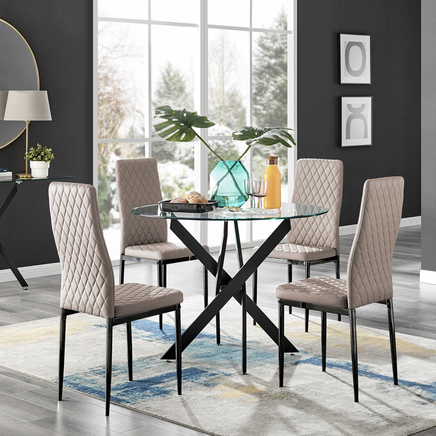 Furnitureboxuk Novara Black Leg Round Glass Dining Table 4 Milan Black Leg Chairs - Cappuccino