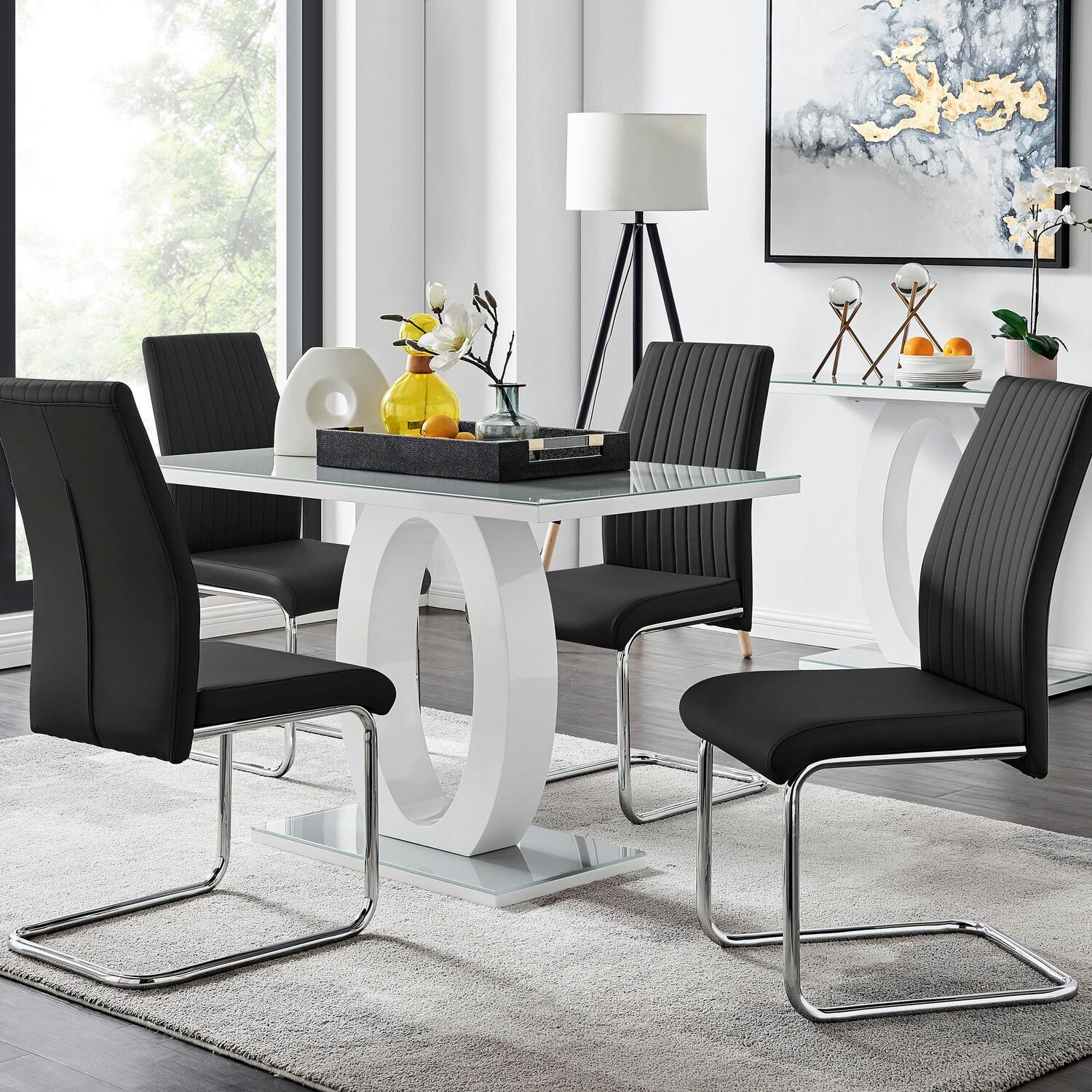 Furnitureboxuk Giovani Grey Glass Dining Table With Four Lorenzo Chair Set - Black