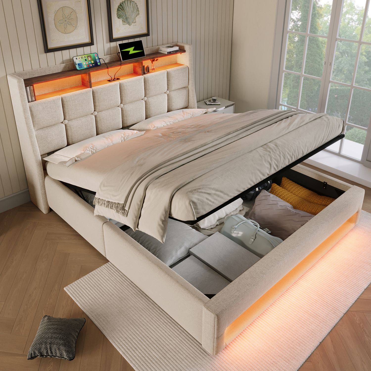 Aka Linen Storage Bed With Led, Usb-C & Headboard - Cream