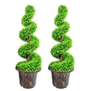90cm Artificial Pair of Green Large Spiral Topiary Trees with Planters