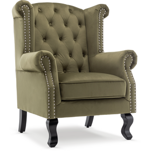 Velvet Sage Green Fireside Henley Wingback Armchair with Buttons
