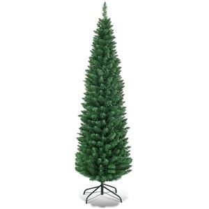8ft Green Wrapped Slim Pencil Artificial Christmas Tree with Stand