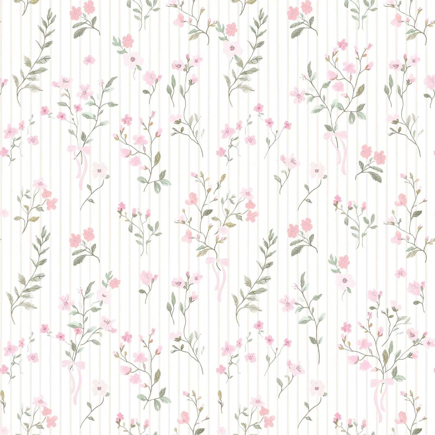 Floral Pinstripe Wallpaper Sample, Light Pink and Stone