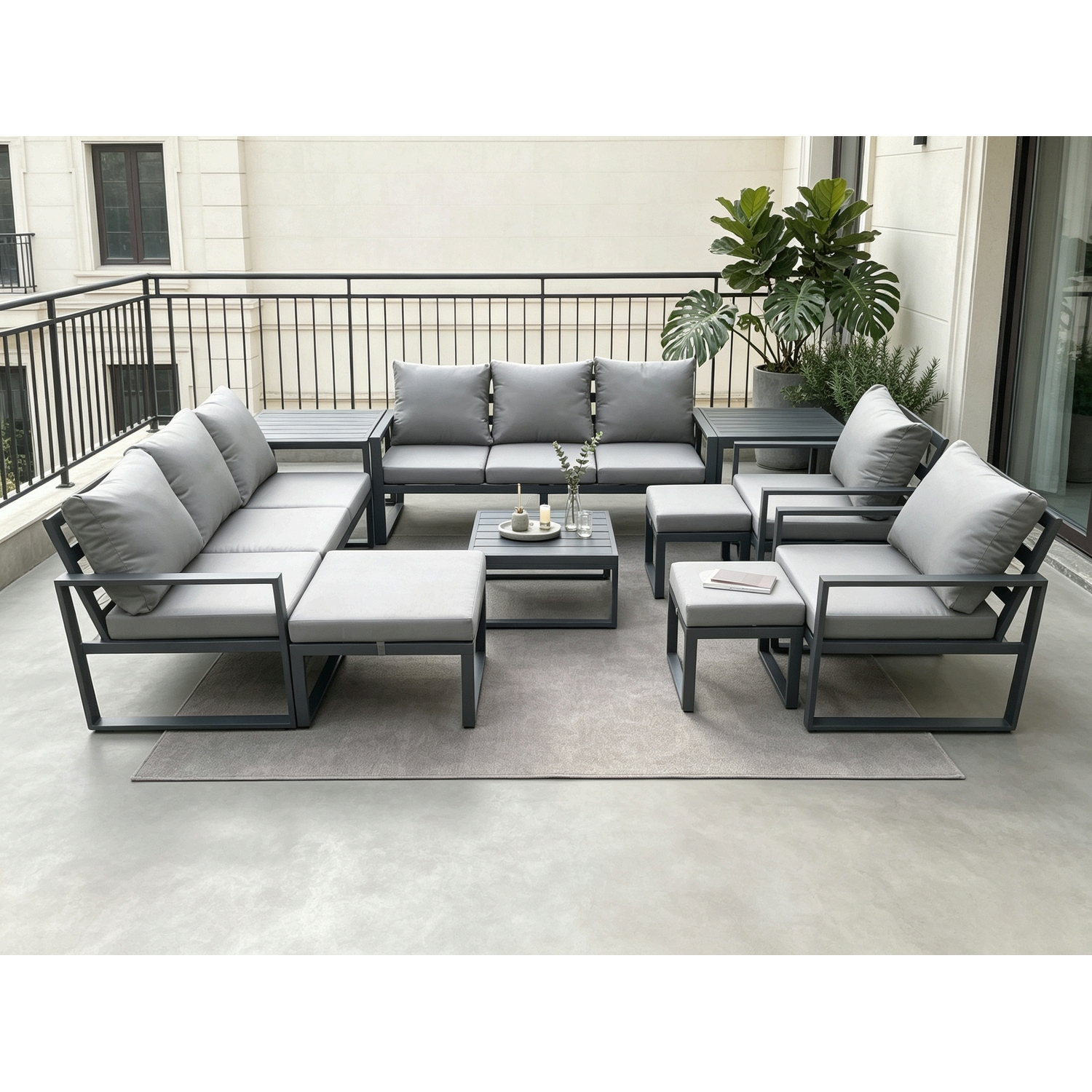 Fimous Dark/Grey Aluminium Outdoor Garden Furniture Set Patio Lounge Sofa With Square Coffee Table 2 Side Tables 2 Armchairs 3 Footstools - Image 2