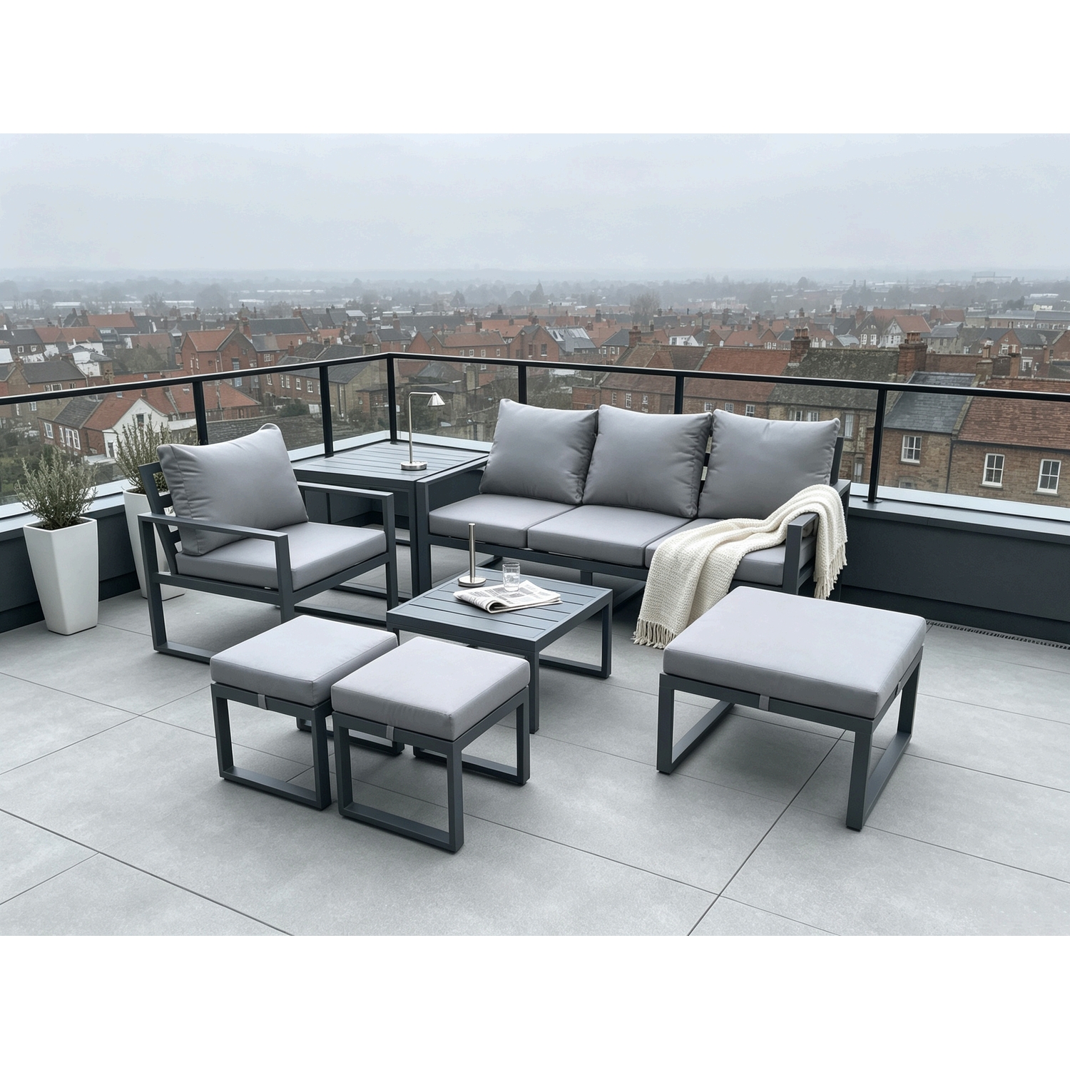 Fimous Aluminium Outdoor Garden Furniture Set Lounge Sofa Chair Square Coffee Table Sets With 3 Footstools Conservatory Set Dark Grey 7 Seater - Image 3