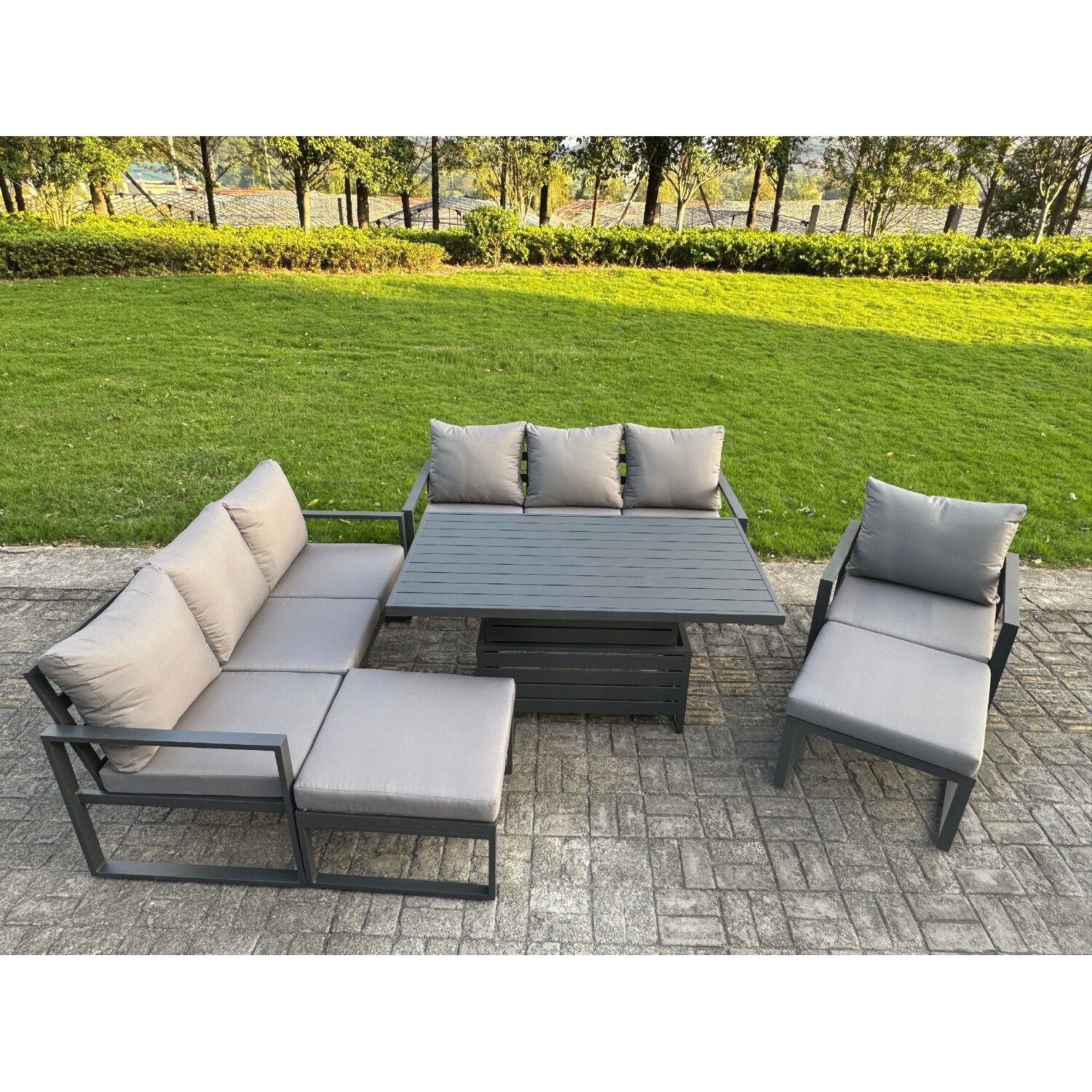 Fimous Unisex Dark Grey Aluminum 9-Seater Patio Set With Lifting Table & 2 Big Stools In Size 9 - Image 2