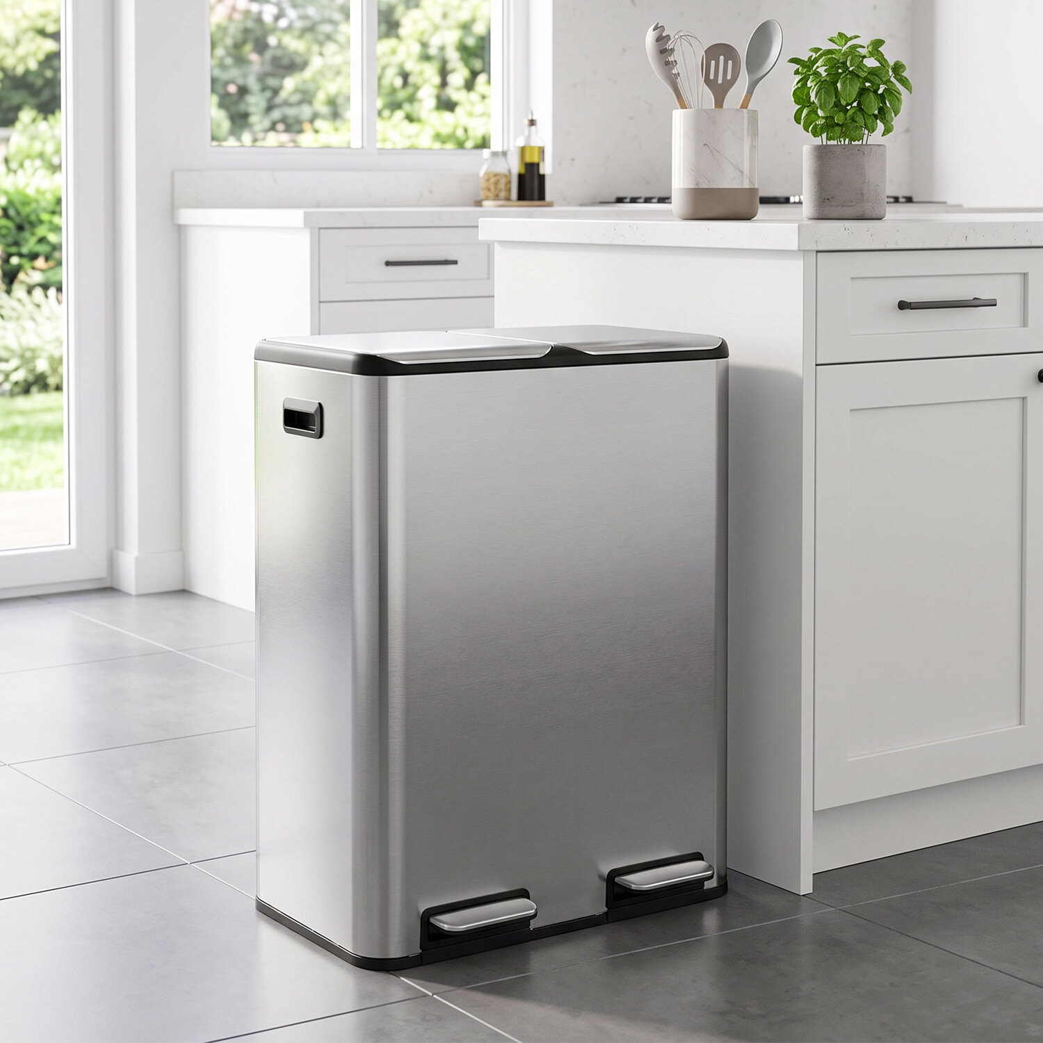 Homcom Silver 2 X 30L Double Kitchen Bin, Stainless Steel Pedal Rubbish Bin With Dual Compartments, Soft Close Lids, Tone - Image 4