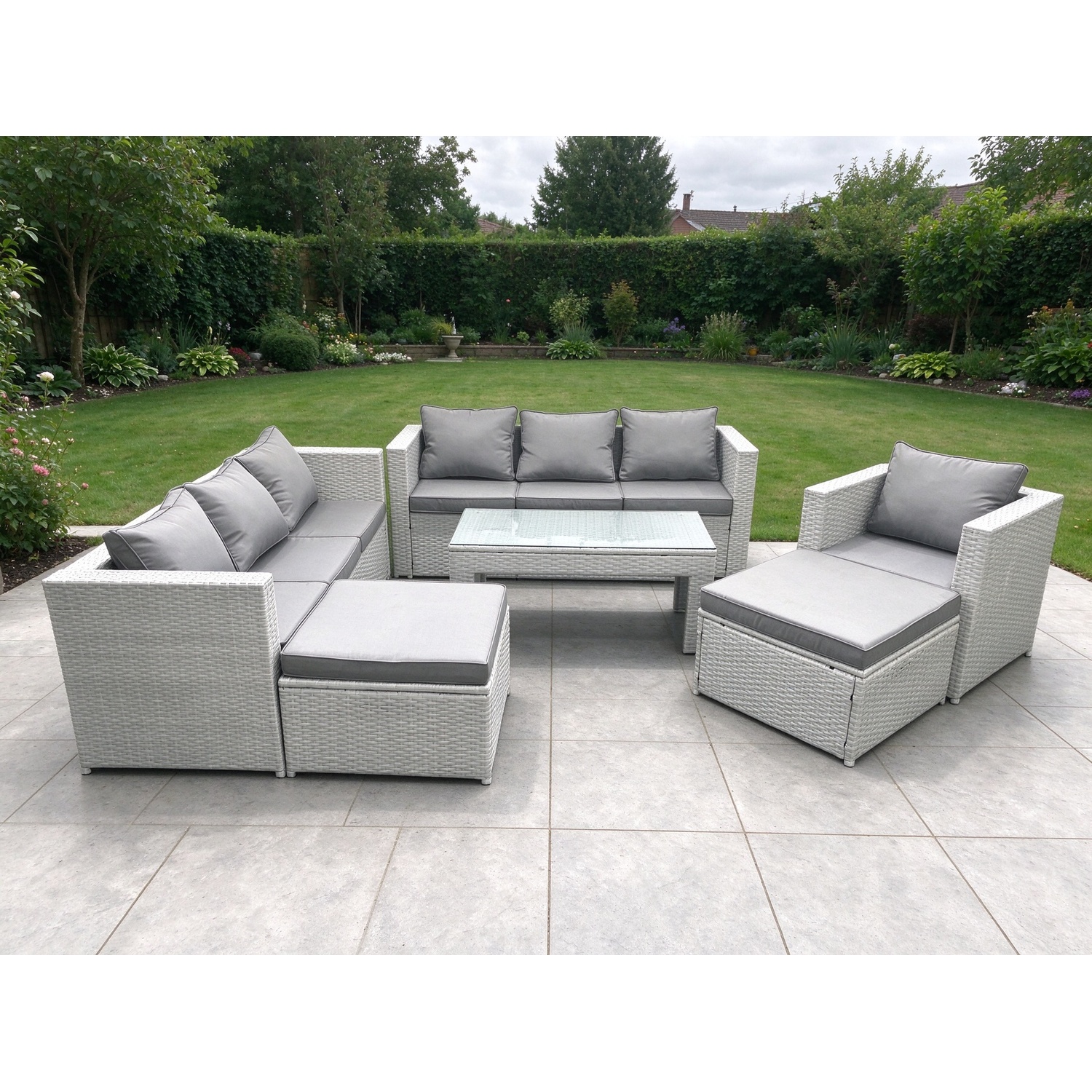 Rackhams Light/Grey Wicker Pe Rattan Sofa Garden Furniture Set With Oblong Coffee Table Armchair 2 Big Footstools Mixed - Image 2