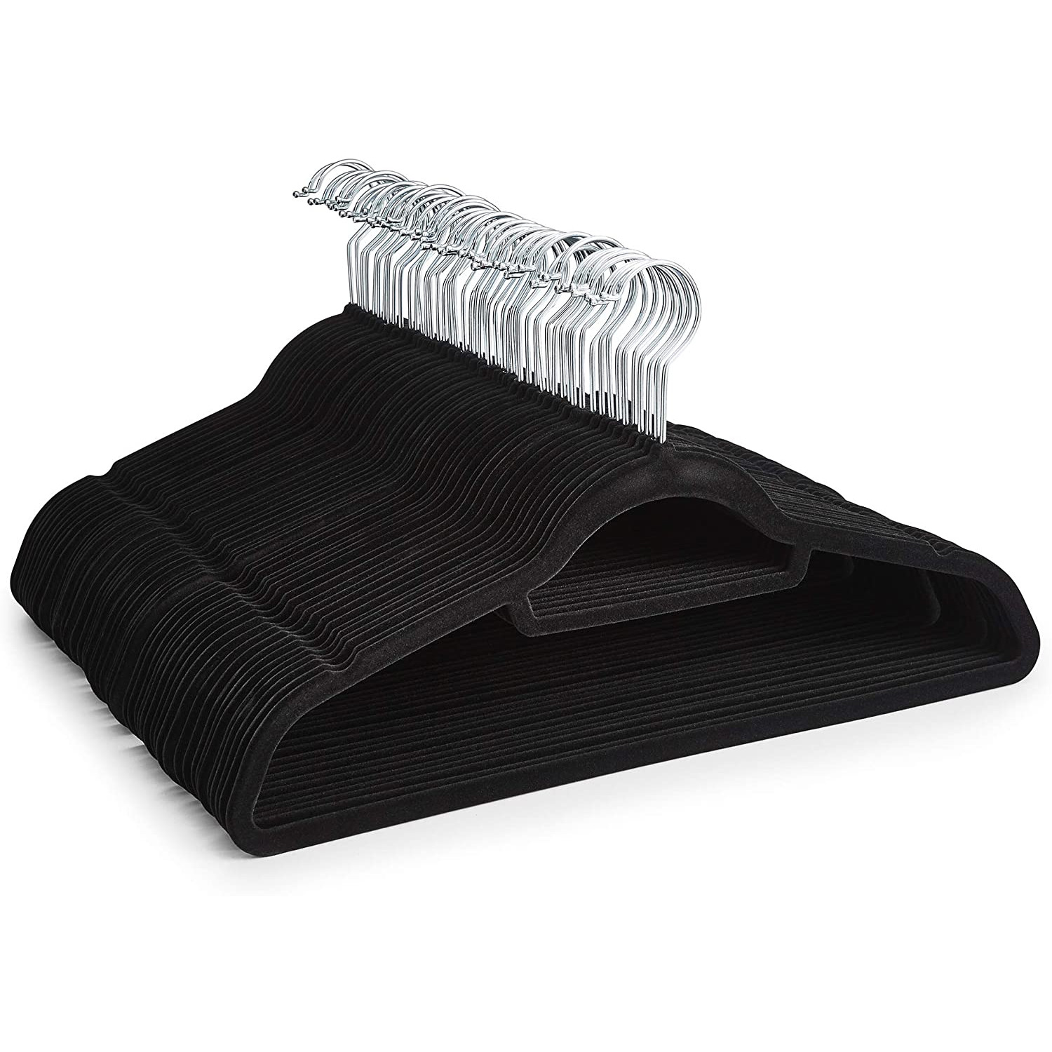 Image of Set of 50 Black Non-Slip Velvet Hangers with Tie Belt Scarf Holder - Black