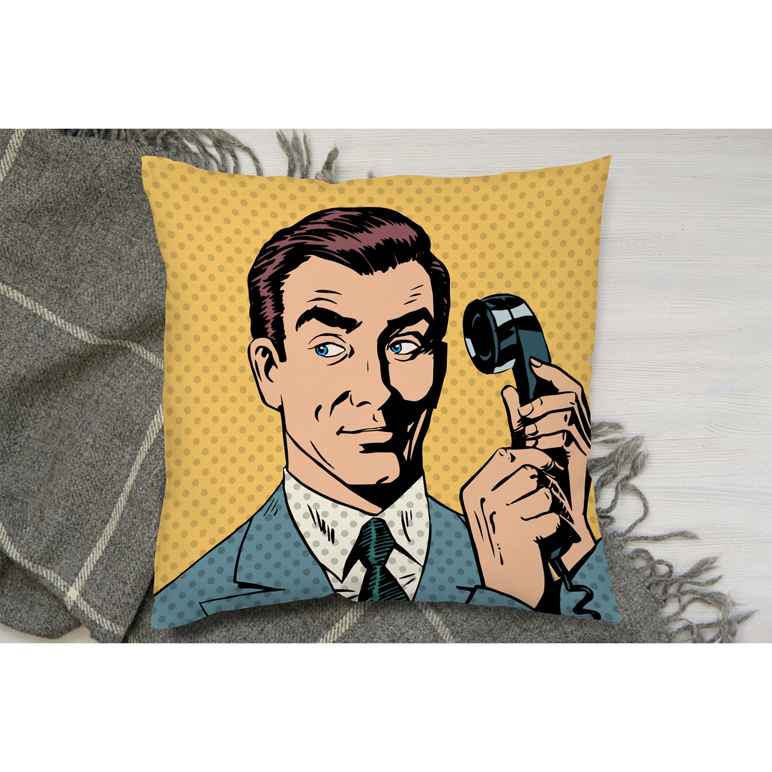Male Businessman Talking On The Phone Style Pop Art Retro Cushion - Yellow / 60