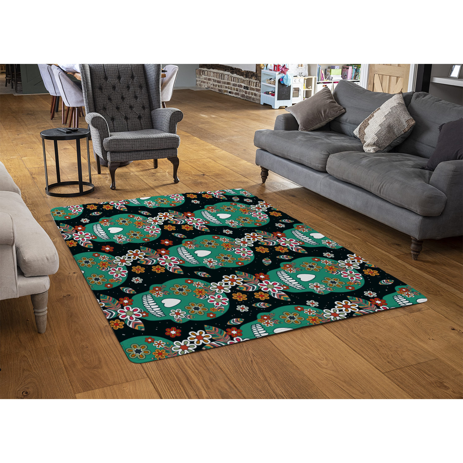 Simplified Magazine Rug Embroidery Colorful Simplified Ethnic Flowers And Skull Pattern Rug