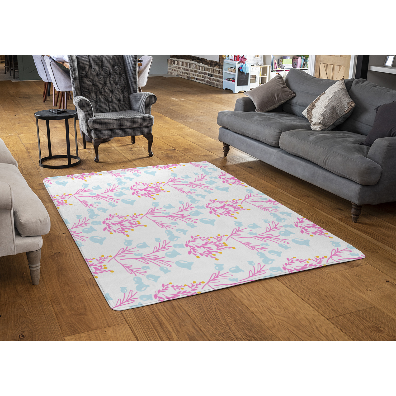 Pink  Blue Flower Design Rug - Pink / 150cm thumbnail