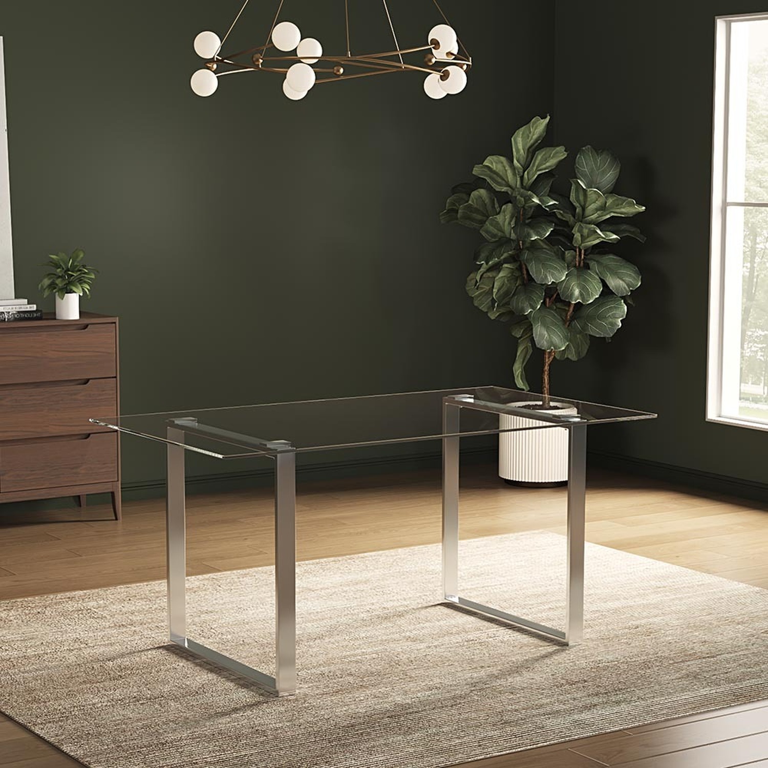 Clear Tempered Glass Top Rectangular Dining Table With Leg - Silvery
