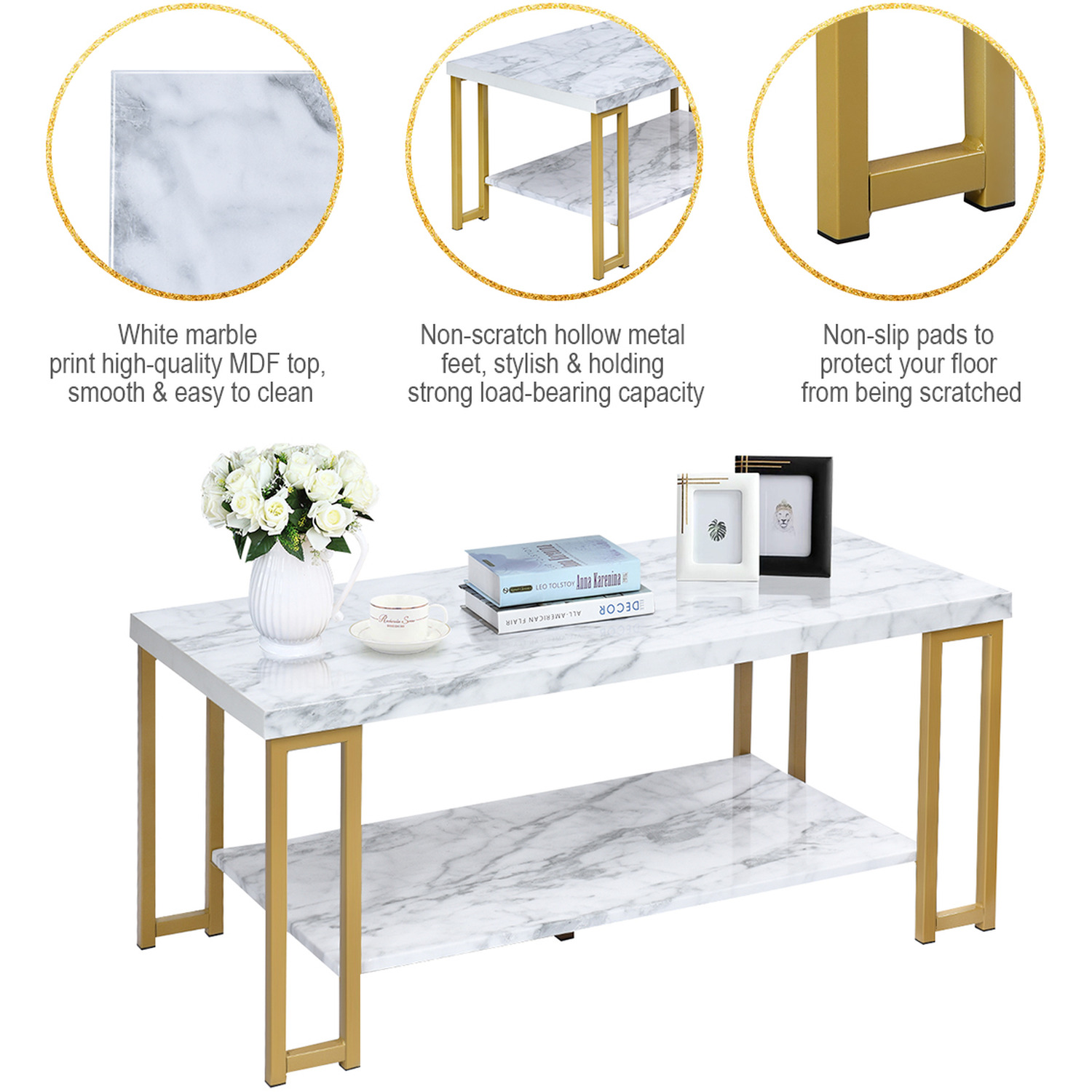 Costway Marble Print Coffee Table-white - White