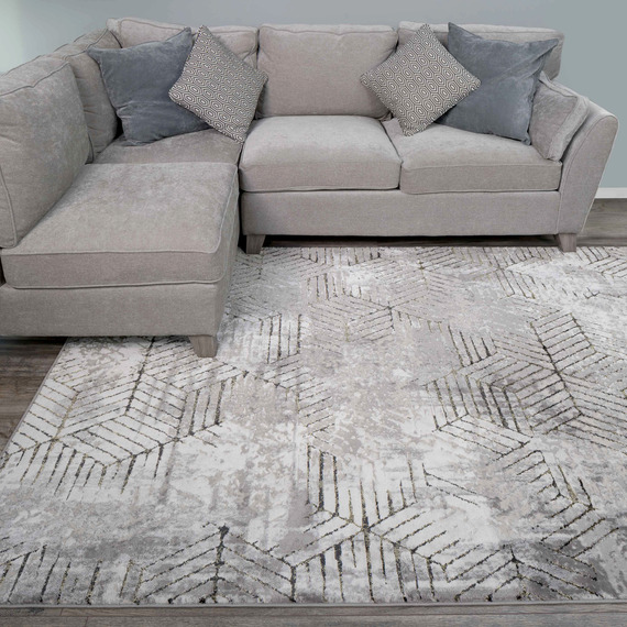 Grey Distressed Abstract Gold Geometric Motif Area Rug