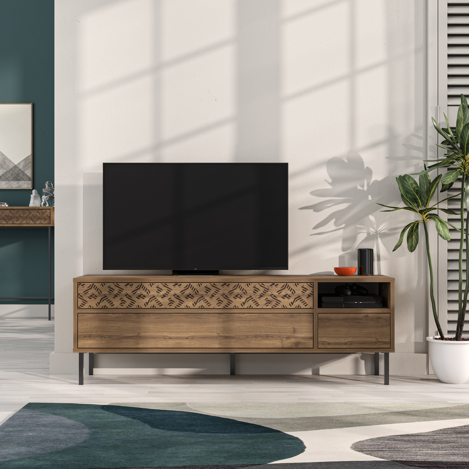 Heaton Modern TV Unit Multimedia Centre With Storage - Oak Effect
