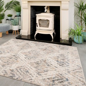 Beige Blue Distressed Diamond Geometric Living Area Rug
