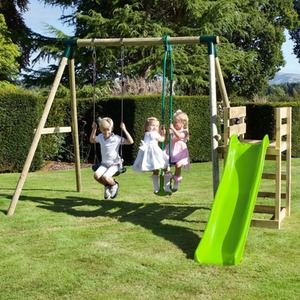 Wooden Double Swing Set with Glider and Slide - Star