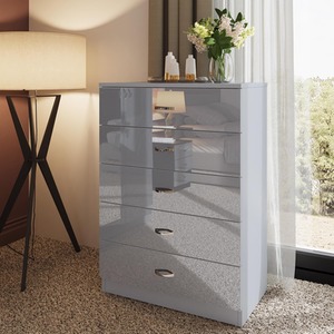Contemporary 5 Drawer Chest High Grey Gloss, Metal Handles