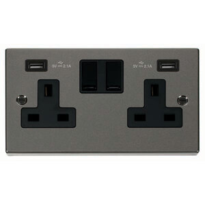 Black Nickel 2 Gang 13A 2 USB Twin Double Switched Plug Socket