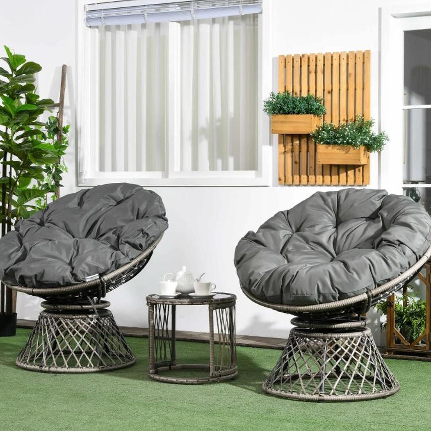 Three Piece Rattan Garden Moon Chair Set - Grey