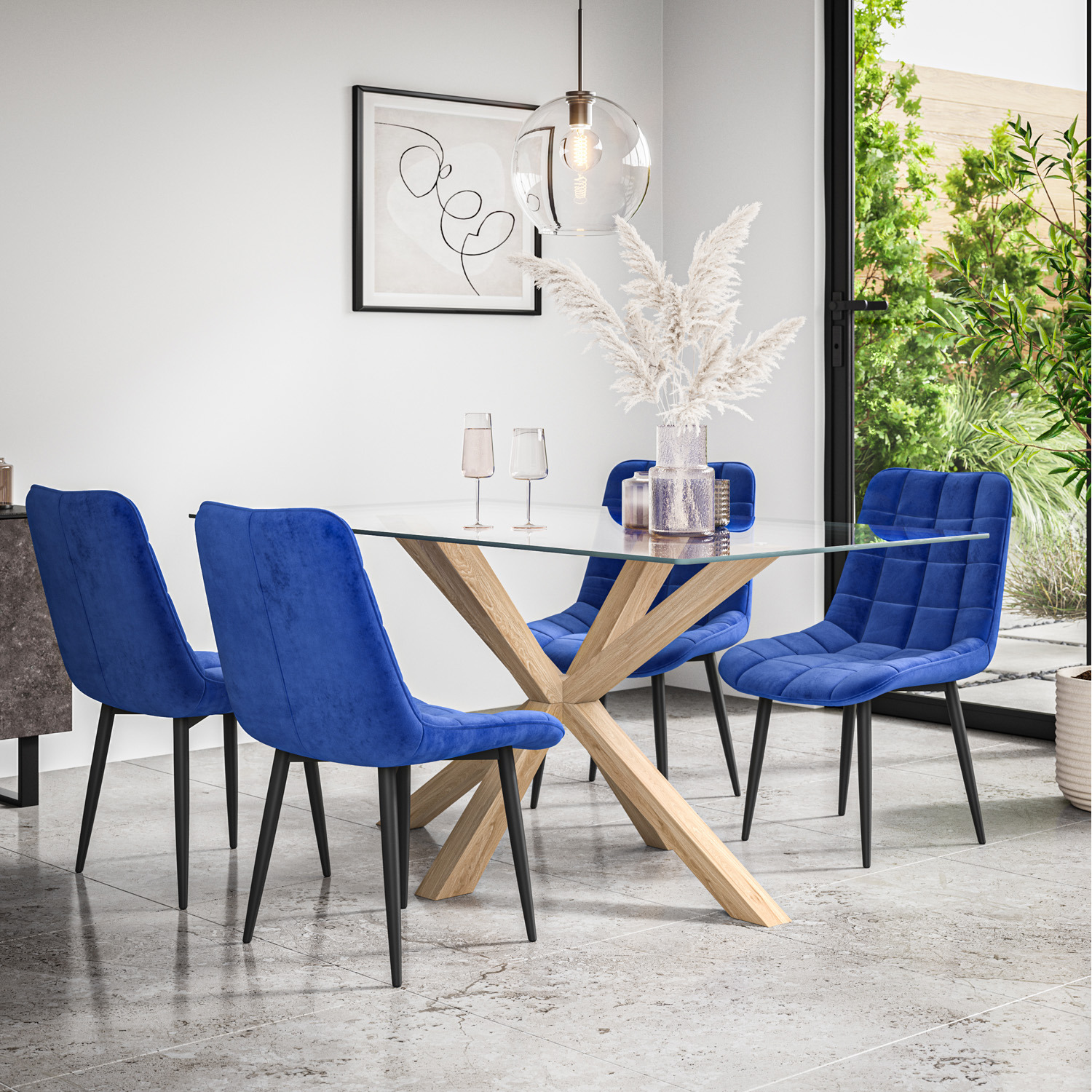 Etta Glass Dining Table Set W Solid Oak Legs W 4-6 Nova Velvet Chair - Blue 4