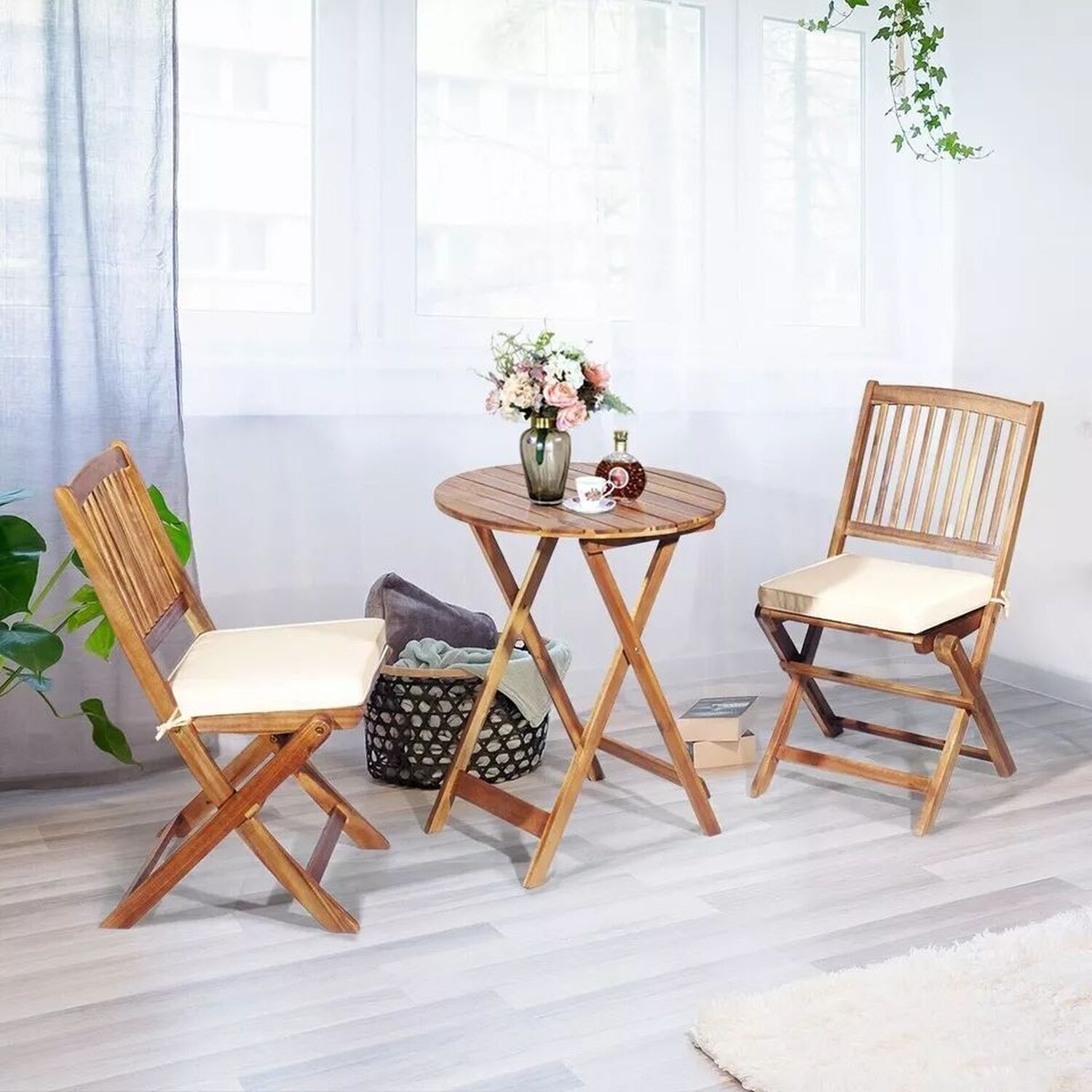 Outdoor Folding Bistro Set Garden Chair And Table Set With Cushions - Natural