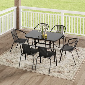 Tempered Glass Patio Table with Six Rattan Chairs