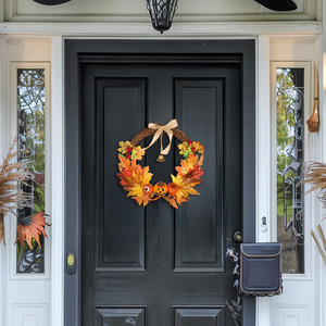 Thanksgiving Wreath with Pumpkins, Berries and Burlap Bow