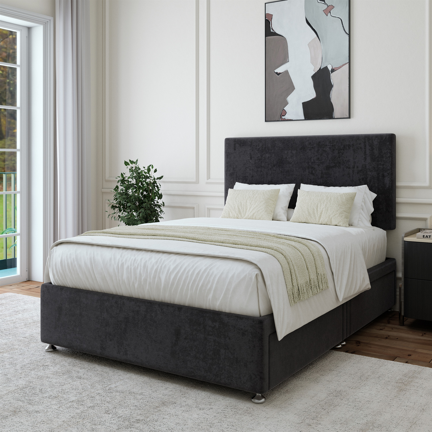 Luxury Velvet Divan Base With Storage And Plain Headboard - Colour Options - Black 40kg Double