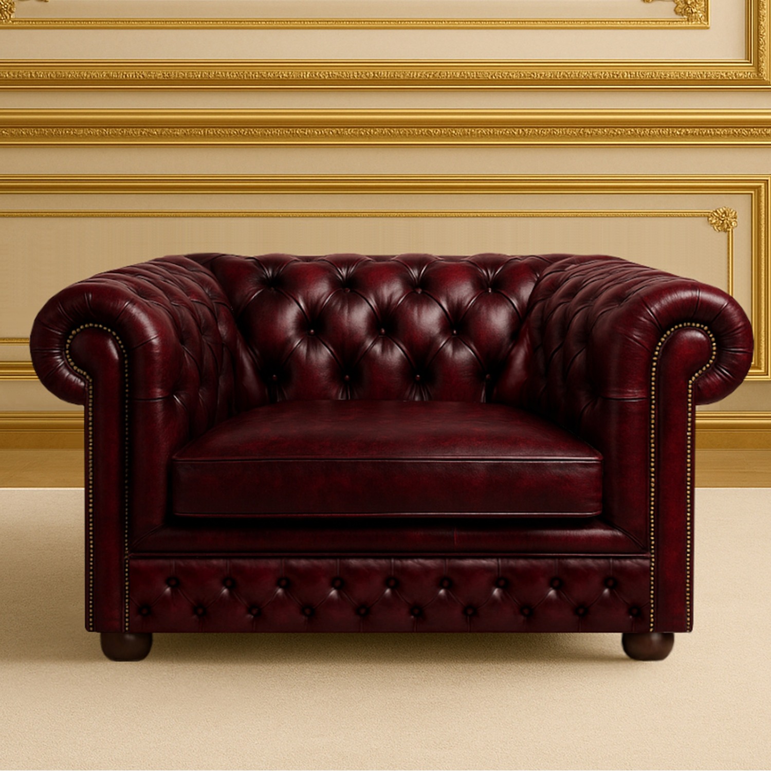 Oxford 1 Seater Vintage Leather Chesterfield Sofa Manufactured In Uk - Red
