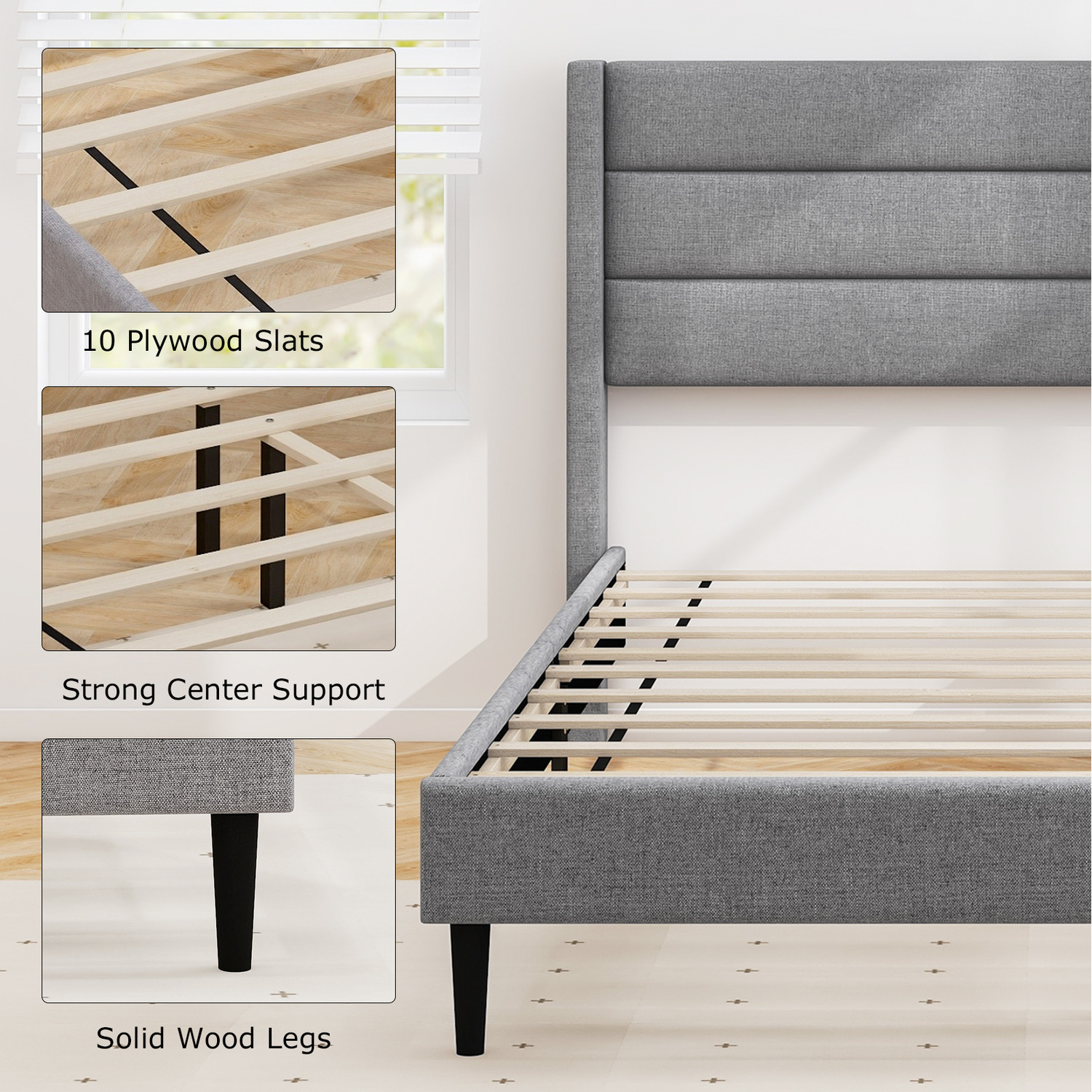 Linen Upholstered Platform Bed - Grey Double