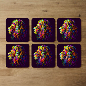 lion's head on a purple background in popart style Designer Coaster Set