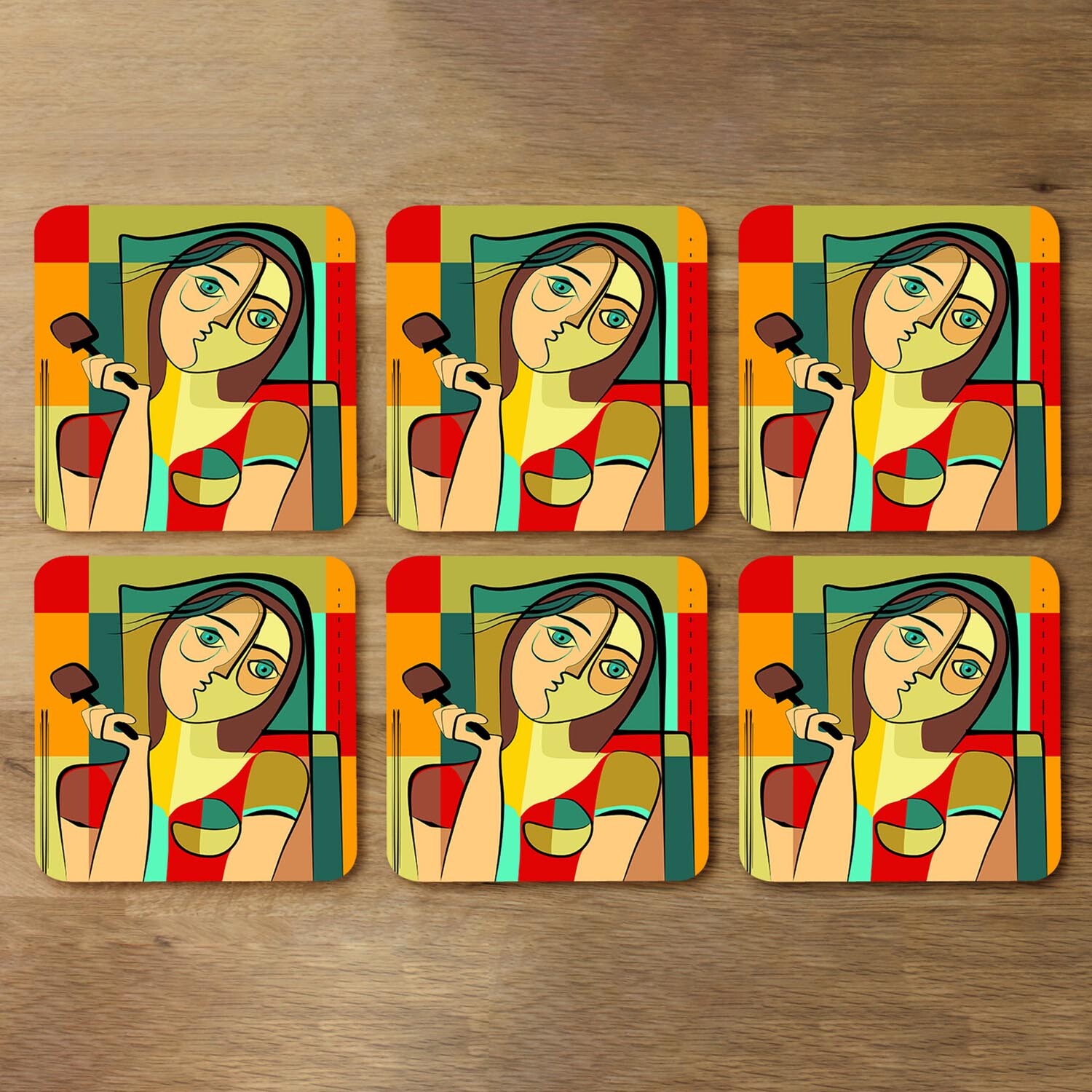 woman with chocolate in hand Designer Coaster Set - Green