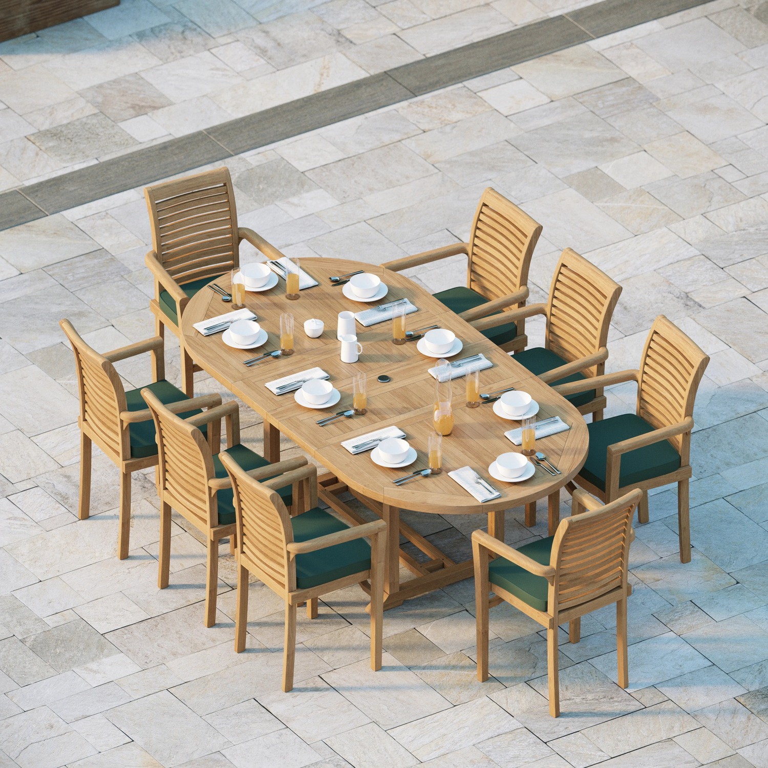 Stratford Teak Garden Dining Table And 8 Seat Chair Set - Teak Table 8 Chairs Black Cushions