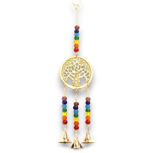 Indian Chimes Brass Tree of Life with Chakra Beads 3 Bells Gold