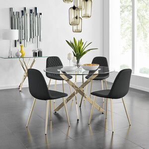 Novara Gold Metal Large Round Dining Table with 4 Corona Gold Chairs Set