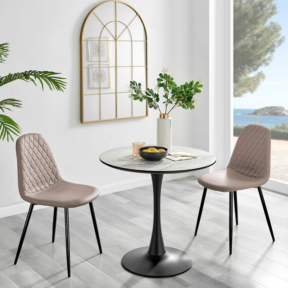 Elina White Marble Effect Round Dining Table and 2 Corona Black Leg Chairs