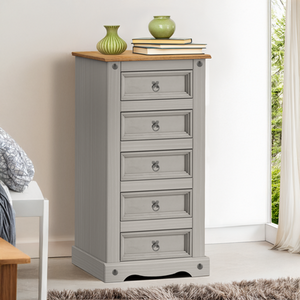 Corona Grey Wax 5 Drawer Narrow Chest Solid Wood Pine Wooden