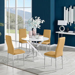 Novara White High Gloss Round Dining Table and 4 Velvet Milan Chairs