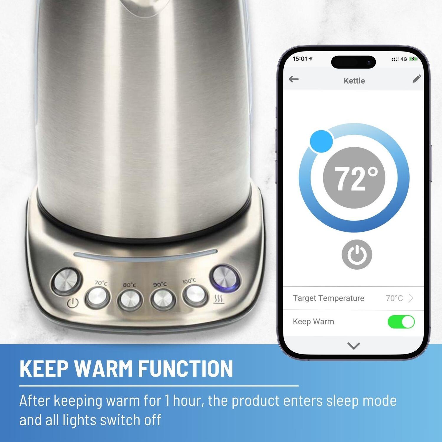 Nedis Smart Wi-Fi Kettle, 1.7L Stainless Steel, Variable Temperature 70-100°C, 2200W - Silver - Image 3
